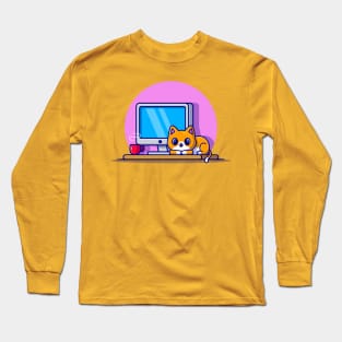 Cute Cat And Computer Cartoon Long Sleeve T-Shirt